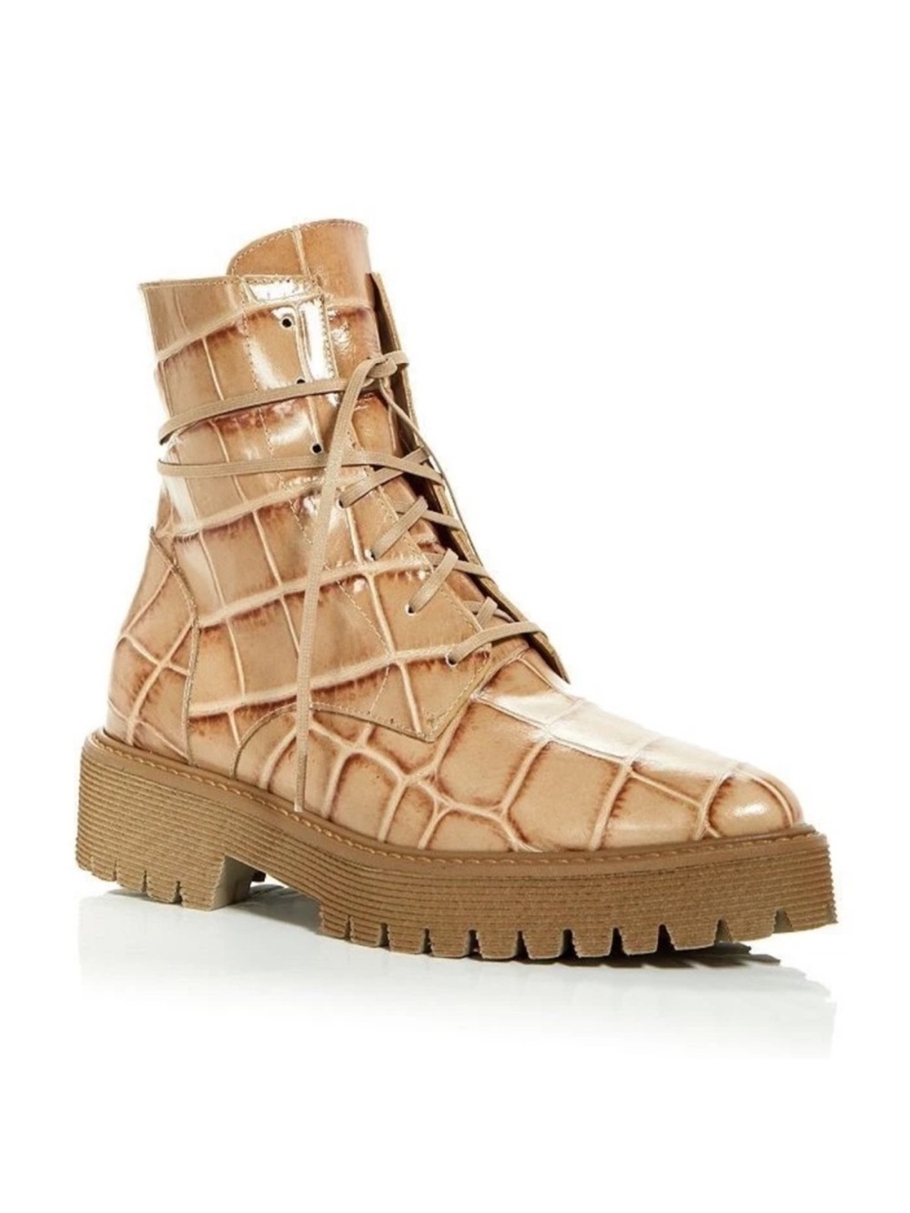 FREDA SALVADOR Khaki Croc Embossed Leather Emi Almond Toe Lug Tie Combat Boot 5